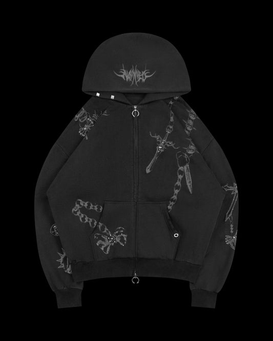 destroy studded zip hoodie black vintage wash
