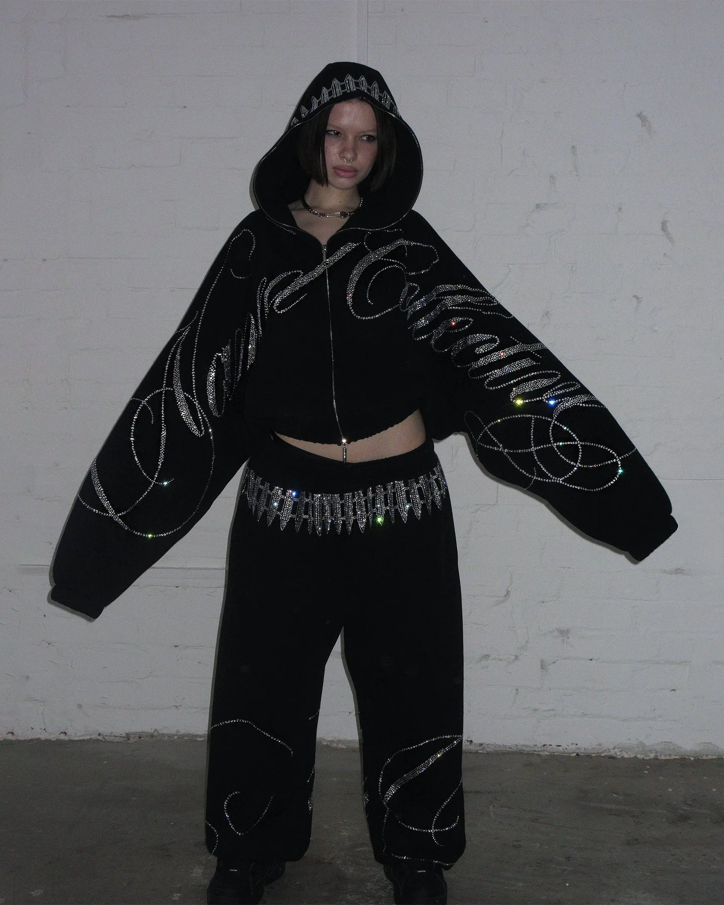 enemy rhinestone sweatpants black